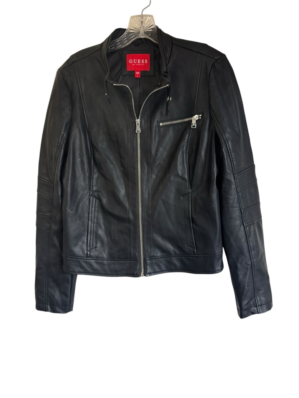GUESS Black Faux Leather Moto Biker Jacket Women’s Lined High Neck Size Large
